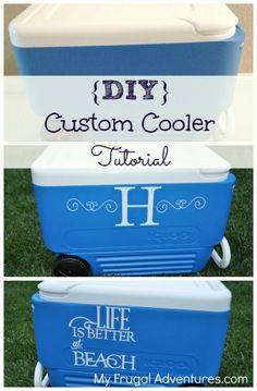 an ice chest cooler with the words diy custom cooler on it and two pictures of it