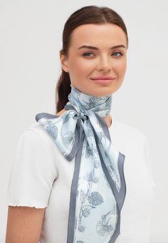 "Kai custom print scarf: wrap the silk scarf around your neck, waist or a handbag handle for a refined feminine look. Style it with a button-down and trousers or pair it with a blazer and jeans for a relaxed afternoon look. Item details: - Print: Silk Philosophy x Fausta Kingue exclusive print - Color: soft blues - Fabric: 100% silk twill - Measurements: 73\" X 6\" (185cm x 15cm) - Finish: hand-rolled FREE domestic and international shipping!" Blazer And Jeans, Scarf Summer, Clothes For Women Over 50, Silk Twill Scarf, Handbag Handles, Scarf Tying, Silk Twill, Feminine Look, Long Scarf