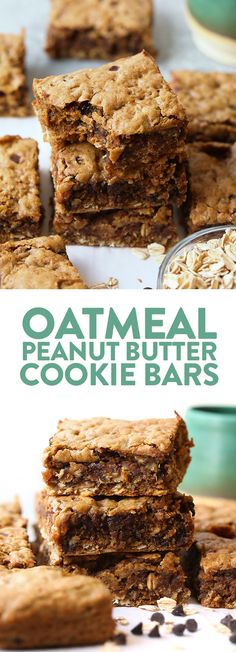 oatmeal peanut butter cookie bars stacked on top of each other with the title overlay