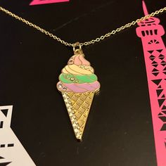 16 Inch Gold Necklace with a Gold Base Colorful Swirl Ice Cream Cone Pendant - Jewelry Swirly Ice Cream, Ice Cream Clothing, Ice Cream Necklace, Ice Cream Cufflinks, Cupcake Necklace, Ice Cream Cone, Pendant Jewelry, Swirl, Favorite Jewelry