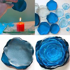 the process of making blue paper flowers is shown in three different stages, including waxing and