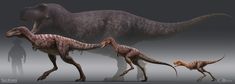 an artist's rendering of three dinosaurs walking together