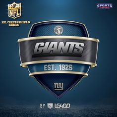 the new york giants logo is shown in front of a blue background with gold trim