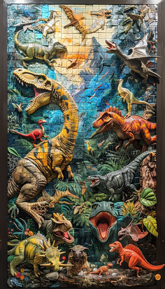 an image of a puzzle with dinosaurs in the middle and other animals on it's sides