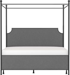 a bed with a gray frame and white sheets