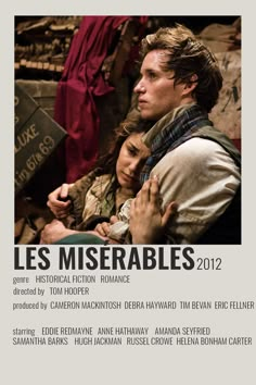 the movie les miserables is shown in english and french, with an image of two people