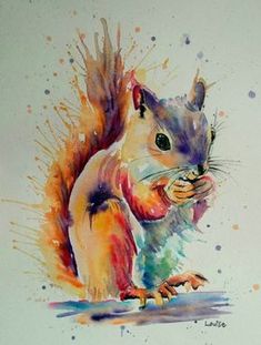 a watercolor painting of a squirrel eating something