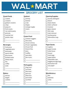 the grocery list for walmart is shown in blue and white with stars on it