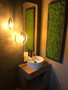 a modern bathroom with moss on the wall