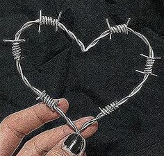 a hand holding a heart shaped wire with barbed wire on it's sides and two nails in the middle