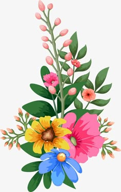 a bouquet of flowers with green leaves and pink, blue, yellow and orange flowers