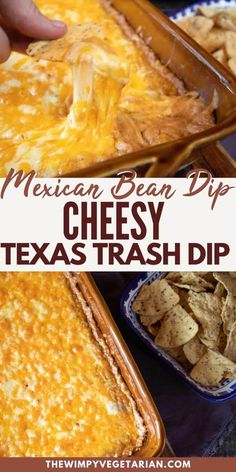 mexican bean dip cheesy texas trash dip with tortilla chips on the side