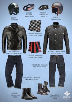 an image of men's motorcycle clothing and accessories