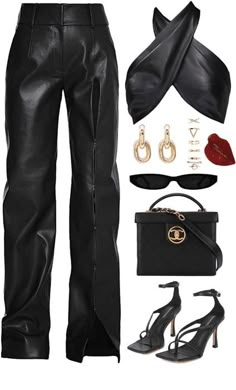 All Black Leather Outfit, Outfit Ideas For Date, Chic Black Outfits, Black Leather Outfit, Ideas For Date Night, Geometric Ring, Cute Comfy Outfits, Outfit Maker, Gold Geometric