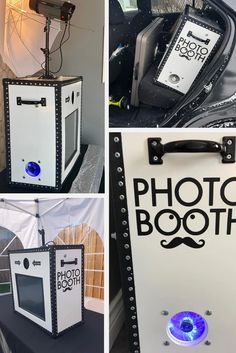 four different shots of a photo booth with lights and camera equipment on display in front of them