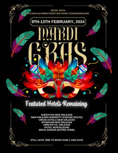 the mardi gras flyer with feathers and masks on it, in black background