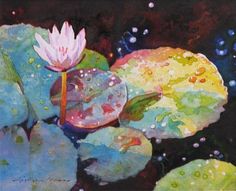 a painting of water lilies and lily pads in the pond with bubbles on them