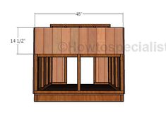 the plans for an outdoor storage shed with doors and shelves on each side, showing measurements