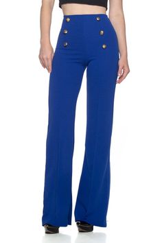 From the office to happy hour.... -Solid color -Full length pants w/ a flare style -High waist casual pant -Wide legs -Button detail front -Stretchy Clothes For Curvy Women, Lady Pants, Teal Outfits, Canadian Girls, Sailor Pants, Solid Color Dress, Curvy Outfits, Bell Bottom, Blue Pants