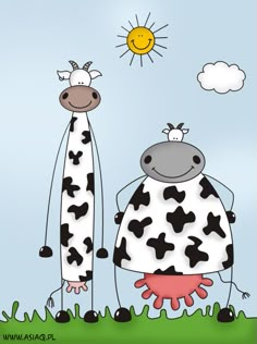 two cows are standing in the grass under a sun