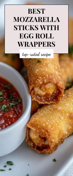 Image for Best Mozzarella Sticks with Egg Roll Wrappers Mozarella Recipes Dinner, Best Mozzarella Sticks, Quick Appetizer Recipes, Party Food Easy Appetizers, Cheese Recipes Appetizers, Dip Recipes Appetizers, Healthy Appetizer Recipes, Egg Roll Wrappers, Delicious Appetizer Recipes