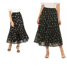 Elevate your wardrobe with the Allegra K Women's Floral Elastic Waist Tiered Ruffle Boho Midi Skirt. This enchanting skirt is a must-have for any fashion-forward woman, featuring a delicate floral print and romantic tiered ruffles that add a touch of bohemian elegance to your ensemble. Perfect for versatile styling, this skirt pairs effortlessly with everything from a casual crop top and sneakers to a chic blouse and sandals for a more dressed-up look.

- Material: Lightweight chiffon with soft Black Floral Print Tiered Maxi Skirt, Black Floral Print Skirt, Black Ruffled Maxi Skirt, Non-stretch Black Ruffled Skirt, Black Non-stretch Ruffled Skirt, Non-stretch Black Skirt With Ruffles, Casual Black Ruffled Maxi Skirt, Boho Midi Skirt, Long Chiffon Skirt