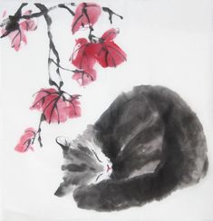 a drawing of a cat laying on top of a white surface next to red flowers