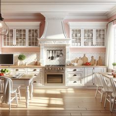 a kitchen with pink walls and white cabinets is pictured in this artist's rendering