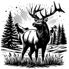 an elk standing in the middle of a forest with trees and stars on it's back