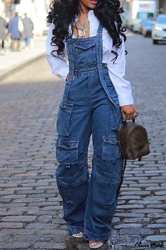 Olivia Mark - Contemporary Denim Jumpsuit with Spaghetti Straps, Patchwork Detailing, and Backless Design Blue Jean Dresses, Diesel Outfit, Casual Jean Outfits, Plus Size Going Out Outfits, Black Denim Jumpsuit, Jumpsuit Jeans, Sporty Chic Outfits, Cargo Jumpsuit, Lux Fashion