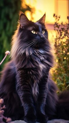 a fluffy black cat sitting on top of a rock