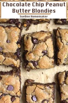 chocolate chip peanut butter blondies with text overlay