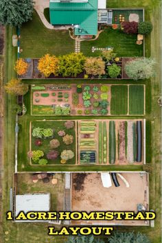 an aerial view of a garden with lots of green grass and plants in the yard