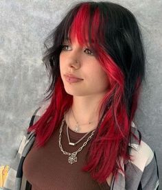 Hair With Highlights And Bangs, Halo Hair Colors, Red Hair Streaks, Edgy Hair Color, Color Block Hair, Red Hair With Highlights, Black Red Hair, Split Dyed Hair, Hair Color Underneath