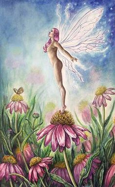 a painting of a fairy standing on top of flowers