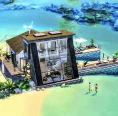 an artist's rendering of a floating house on the beach with people in it