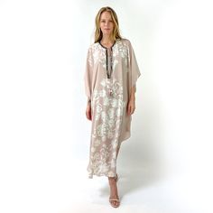 "A caftan is a perfect addition to any women's wardrobe. It can be worn day into night, as a stunning swimsuit cover-up at the beach, as well as a glamorous evening dress over a slip (sold separately in my shop), or over leggings. Made from airy silk, it is cool and airy, and great for warm weather. Hand beaded with ornate metal beads. Caftans are one size fits most, and look great on all shapes and sizes. Width is 45\" and length is 56\" from the center back neck to the center bottom edge." Spring Beachwear Long Kaftan, Silk Kaftan With Kimono Sleeves For Evening, Elegant Long Kaftan For Daywear, Beachwear Kaftan With Kimono Sleeves For Daywear, Bohemian Maxi Dress For Beach Season Evenings, Bohemian Evening Maxi Dress For Beach Season, Elegant Spring Kaftan For Loungewear, Daywear Kaftan With Kimono Sleeves For Beachwear, Chic Tunic Maxi Dress For Loungewear