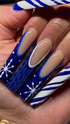 Christmas Nails Royal Blue, Winter Nail Art 2023, Long Christmas Nails Acrylic, Christmas Nail Designs Blue, Royal Blue Christmas Nails, Christmas Long Nails, Christmas Nail Sets, Blue Christmas Nail Designs, Blue Winter Nail Designs