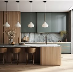 a kitchen with marble counter tops and wooden stools next to an island in the middle