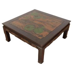 A Chinese style ebonized and gilt coffee table decorated with a pond scene on top. The table is beautifully painted with green lily pods, dragonflies and frogs. The table apron features gilt design reminiscent of Greek key motif and the notched legs end in Ming style feet Dining Table Chandelier, Green Lily, Bed Lamp, Interior Wallpaper, Coffee Cocktails, Bench Stool, Coffee And Cocktail Tables, Stool Chair, A Pond