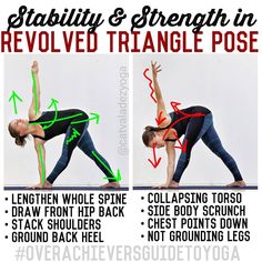 a woman doing yoga poses with the words flexibility and strength in revolve triangle pose