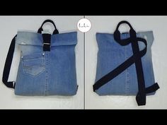 two pictures showing how to make a bag out of an old pair of jeans