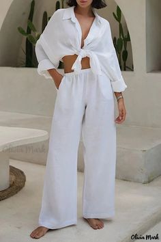 Olivia Mark - Simple yet Stylish Daily Wear Two-Piece Garment with Long Sleeve and Wide Leg Outfit Sets For Women, Tied Shirt, Two Piece Pants Set, Top And Pants Set, Linen Set, Loose Outfit, Turndown Collar, Casual Sets, Color Collection