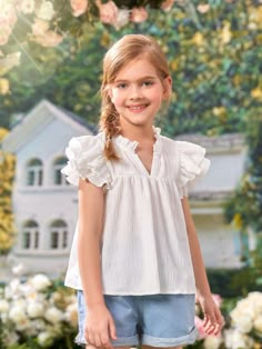 White Cute Collar Cap Sleeve Woven Fabric Plain Top Embellished Non-Stretch  Tween Girls Clothing Tops For Girls Casual, Summer Fashion Dresses Casual, Baby Girl Princess Dresses, Easy Diy Clothes, Shein Kids, Kids Blouse, Notched Neckline