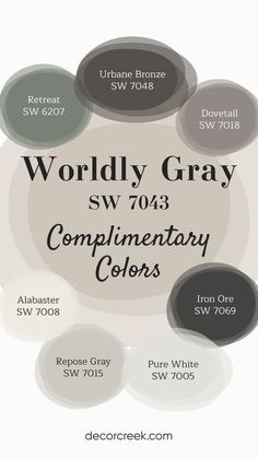 A complementary color palette for Worldly Gray SW 7043 by Sherwin-Williams is shown with labeled swatches. The colors include Urbane Bronze, Retreat, Dovetail, Iron Ore, Alabaster, Repose Gray, and Pure White. The palette features a mix of soft neutrals, deep earth tones, and balanced grays that complement the muted gray shade of Worldly Gray. Whole House Gray Paint Scheme, Sherwin Williams Gray Color Scheme, Requisite Gray Sherwin Williams Coordinating Colors, Worldly Gray Bathroom, Wordly Gray Color Palette, Repose Grey Color Palette, Worldly Gray Sherwin Williams Coordinating Colors, Worldly Gray Sherwin Williams Bedrooms, Sw Anew Gray Coordinating Colors