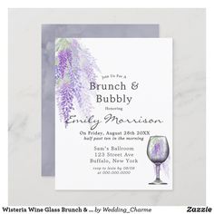 the brunch and bubbly wedding card is shown with a glass of wine