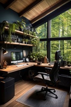 a home office with lots of plants on the desk and shelves in front of large windows