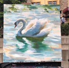 a painting of a white swan in the water