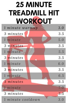 the 25 minute treadmill workout is shown in red and grey with an image of a woman