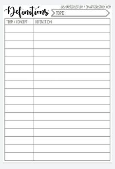 a printable sign up sheet with the words, definition and description in black ink